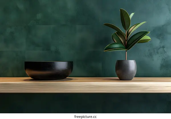 Black Bowl and Plant on Wooden Shelf Against Green Wall