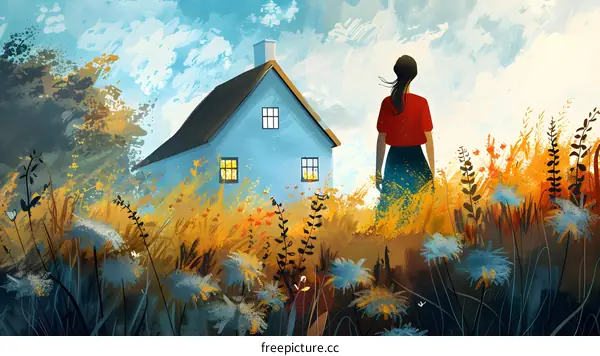 girl standing in a field of flowers looking at a house