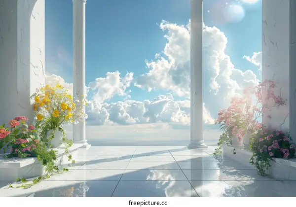 White Marble Terrace with Flowers and Clouds