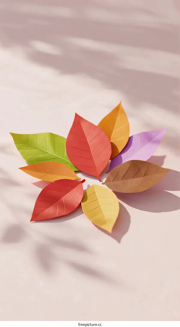 Colorful Handmade Paper Leaves Arranged on Light Pink Background