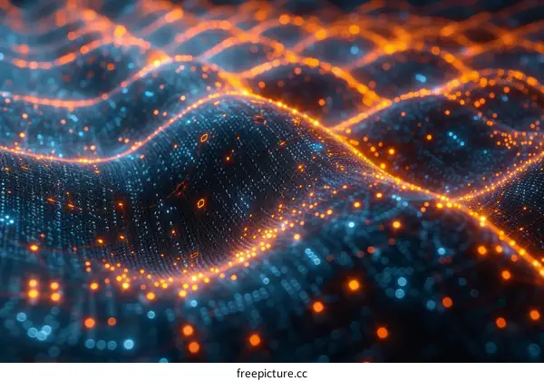 Blue and orange glowing 3D illustration of a wavy surface with binary code