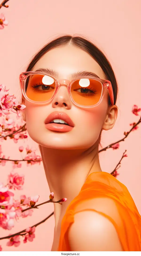 Woman in Orange Dress and Sunglasses Looking at Camera with Cherry Blossoms