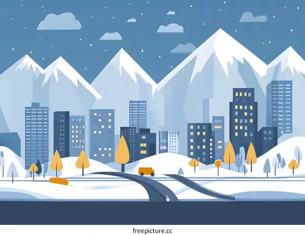 Snowy Night Cityscape with Mountain Background Illustration