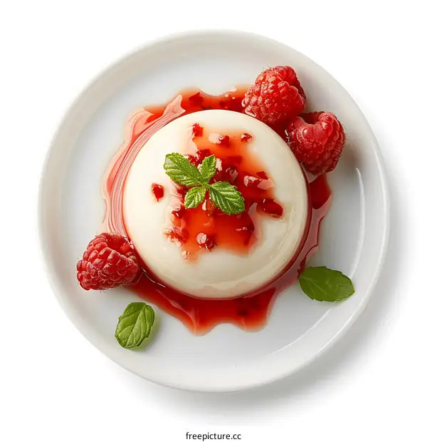Panna cotta with raspberry sauce and mint