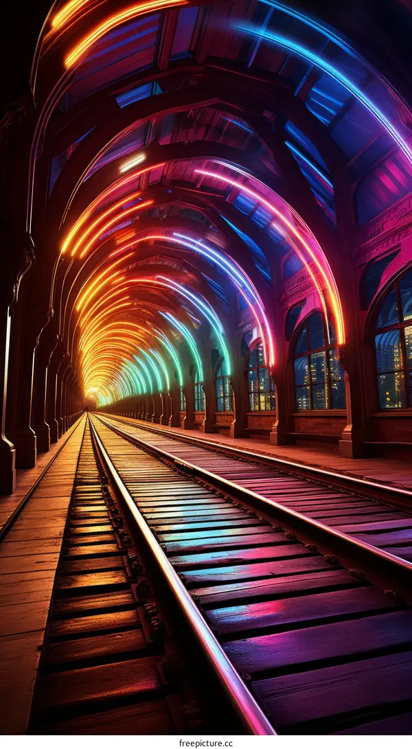 Futuristic train station with colorful neon lights illuminating the tracks and arched wooden ceiling