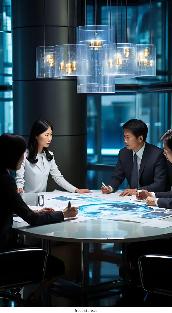 A group of business people are having a meeting in a conference room.
