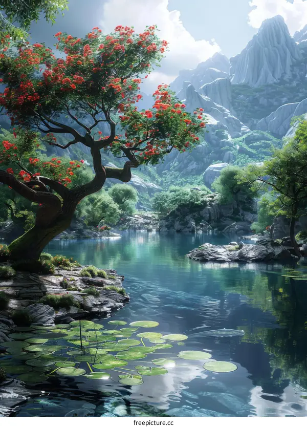 Fantasy Landscape with a Colorful Tree and Mountain