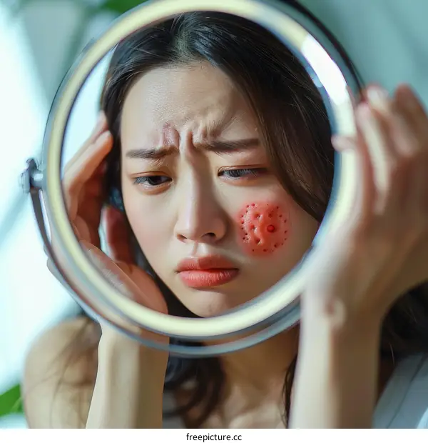 A young woman is looking at her pimples in the mirror