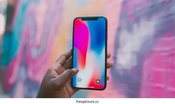 Hand holding a Smartphone with a colorful background