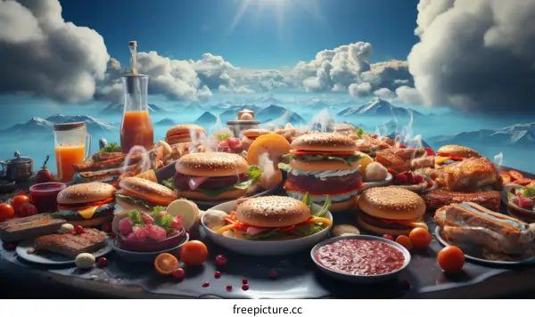 Mountain View Feast: Table of Food with Scenic Landscape