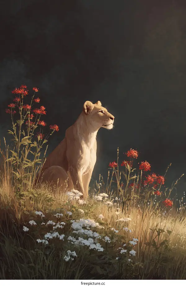 Lioness in a Meadow at Dawn