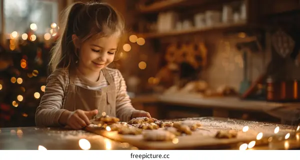 Little girl in the kitchen near Christmas tree