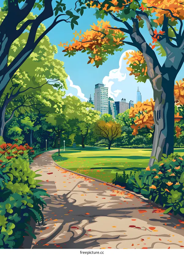 Autumn Leaves Fall on a Path Through a Park with Buildings in the Distance