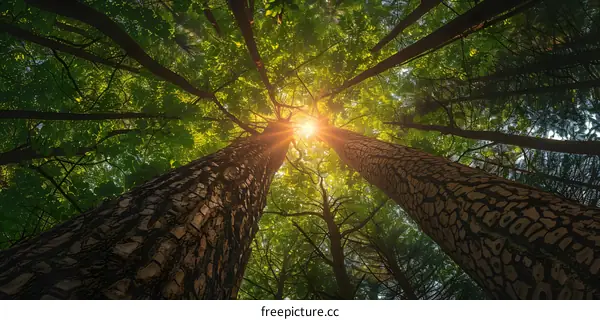 Sunlight Through The Tree Canopy In The Forest
