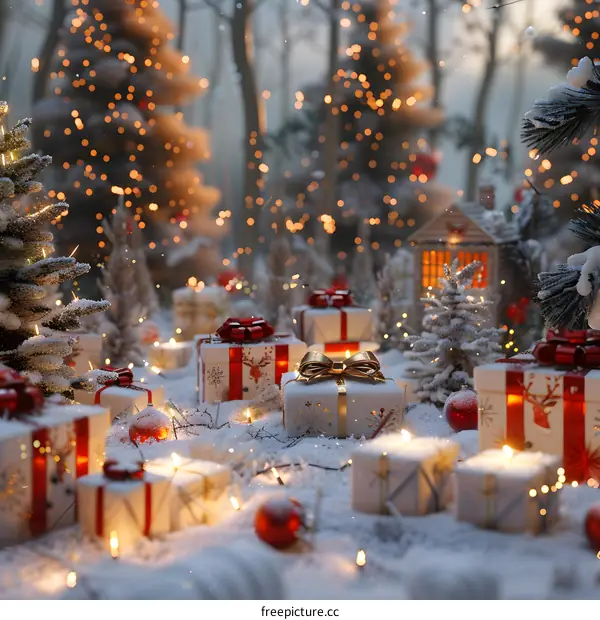 Christmas presents in a snowy forest