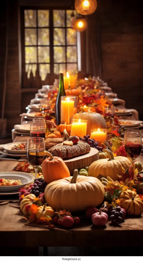 Thanksgiving dinner table set with pumpkins and fall leaves