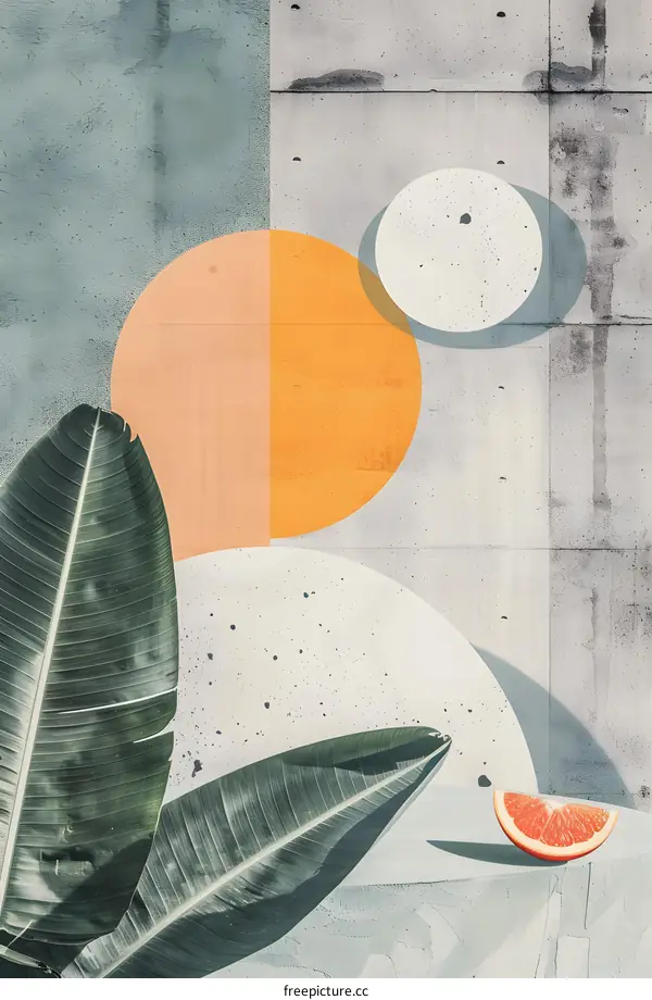 Abstract Art with Tropical Leaves and Geometric Shapes