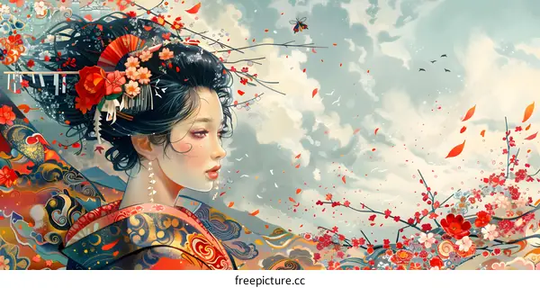 Japanese Woman in Traditional Kimono with Cherry Blossoms