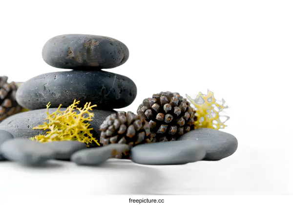 [Transparent Background PNG]Spa Stones and Pine Cones on White Background