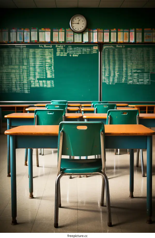 Empty Classroom With Green Chairs and Desks