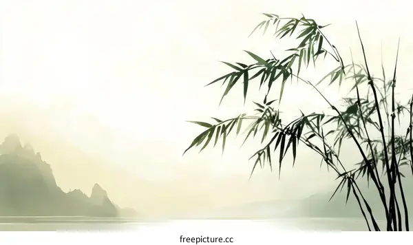 Bamboo and Mountains in Ink Wash Painting Style