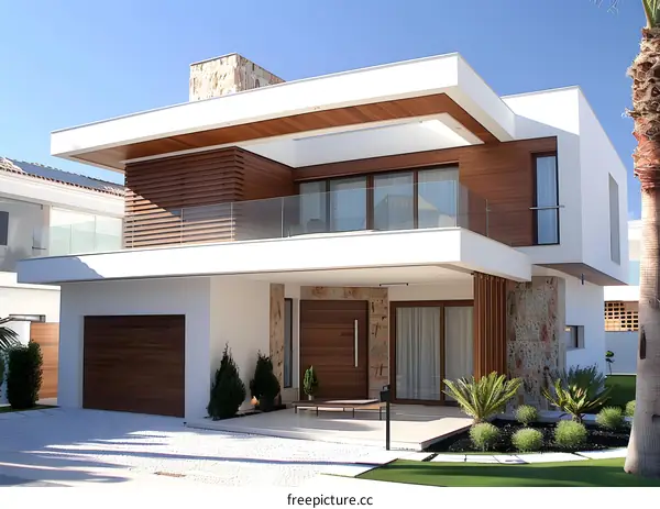 Modern Two Story Home with White Walls and Wooden Accents