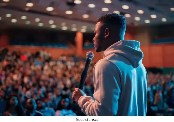 A young man speaking into a microphone in front of a large audience.