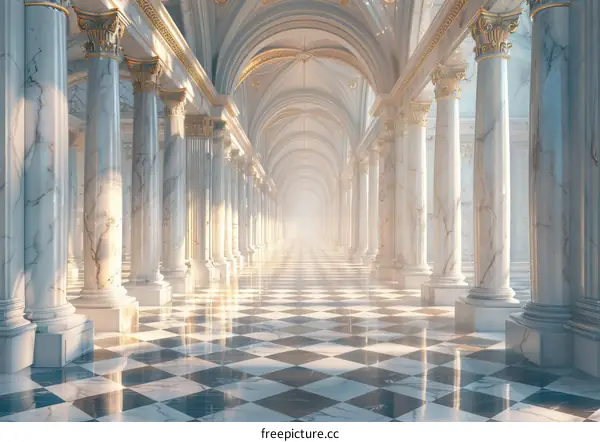 A Grand Marble Hallway with Symmetrical Columns
