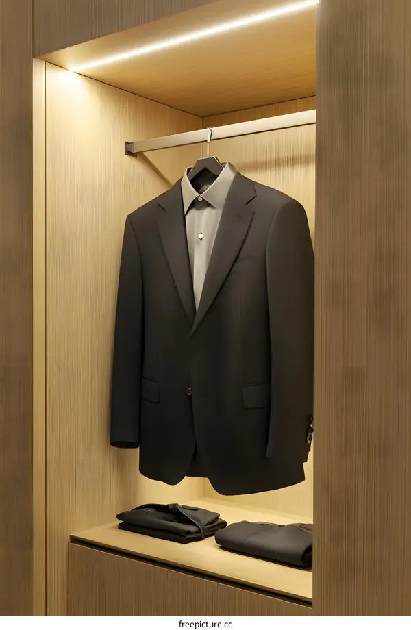 Black Suit Hanging in a Wooden Closet