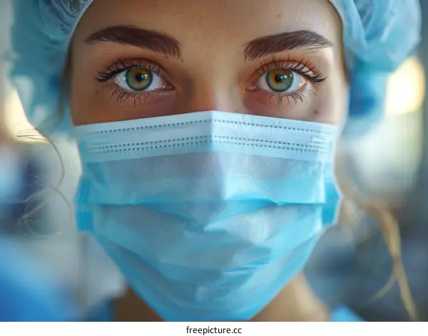 Close-up of a female surgeon wearing a surgical mask