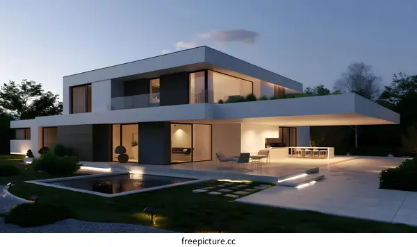 Modern House With Swimming Pool And Garden At Night
