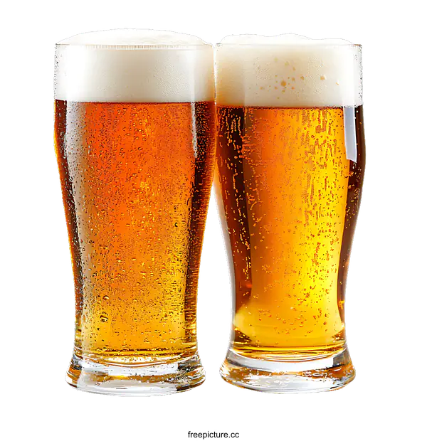 [Transparent Background PNG]Two Cold Beer Glasses Filled with Frothy Liquid