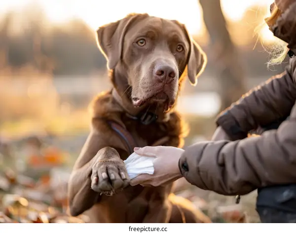 A brown dog sits in the woods while a person holds its paw