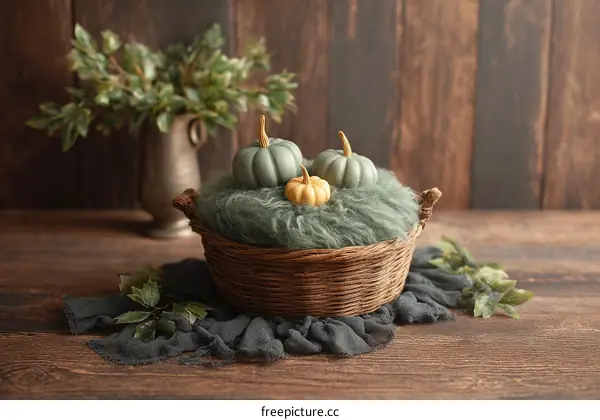 Autumnal Still Life with Pumpkins in Basket