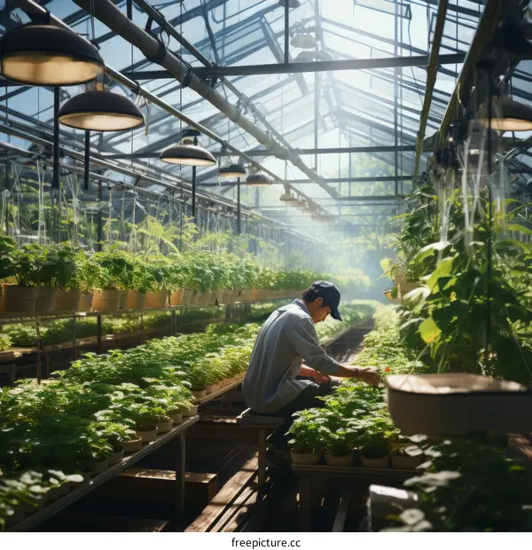 A young male farmer is working in a greenhouse