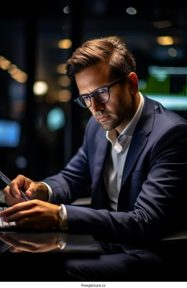 Businessman working late in office