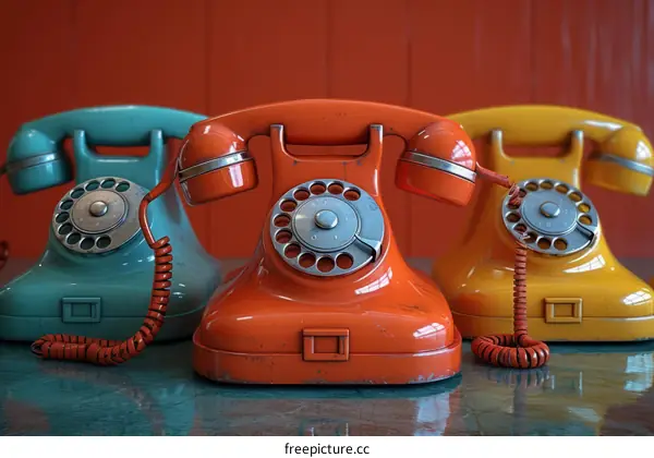 Three vintage rotary dial telephones in a row