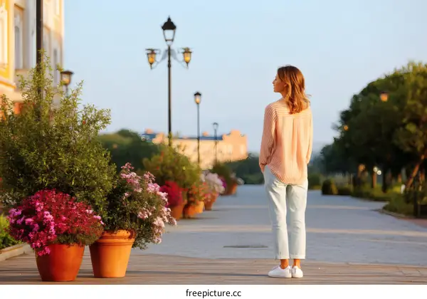 Woman walking on a walkway in a city park