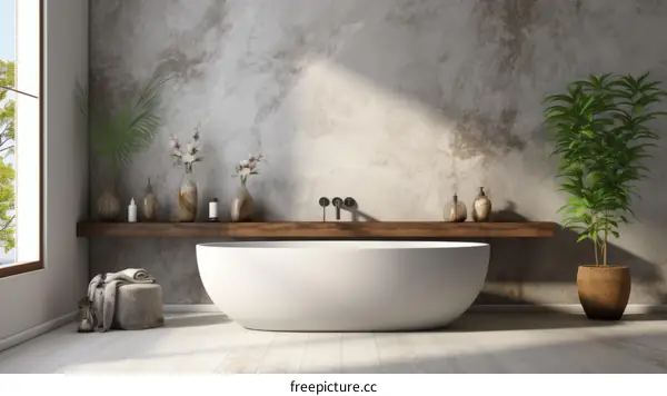 Modern Bathroom Interior with Freestanding Tub and Plants