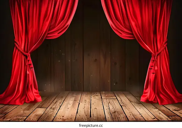 Red Curtains and Wooden Stage Background