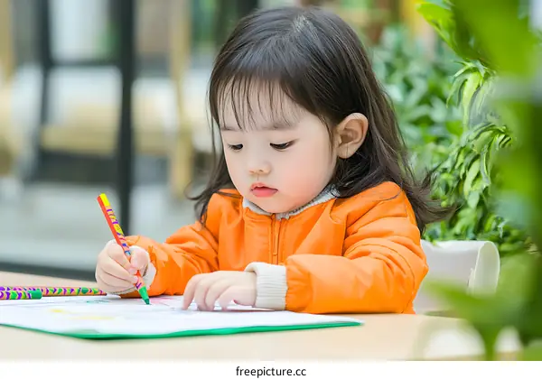 Little Girl Drawing with Crayons