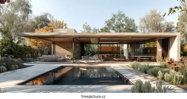 Modern House Exterior with Pool and Garden