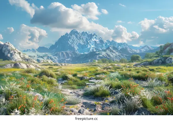 Alpine Meadow with Majestic Snow-Capped Mountains