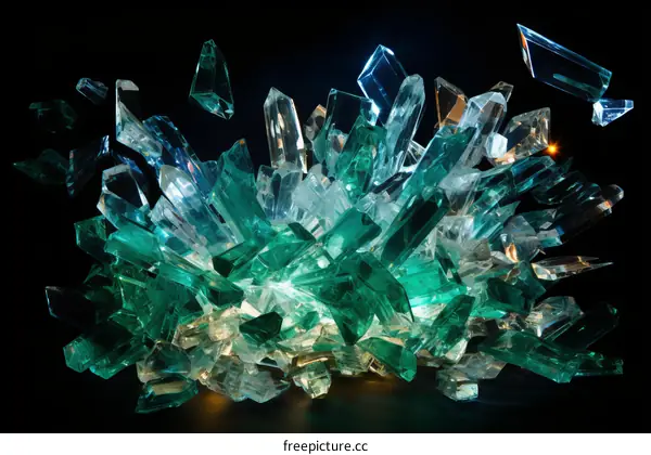 Blue and green glowing crystals