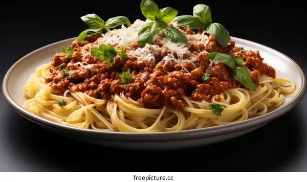 A plate of pasta with tomato sauce and basil