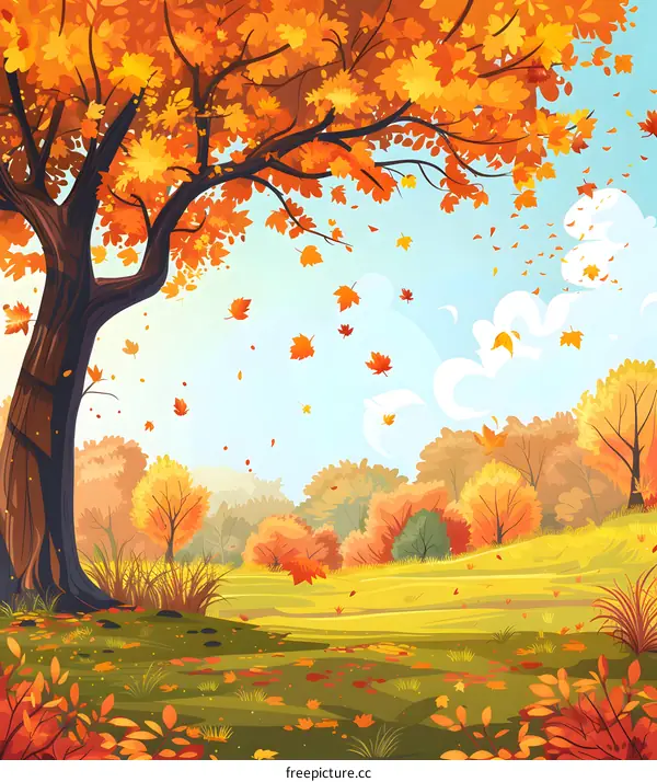 Autumn Landscape Illustration with Colorful Leaves and Trees
