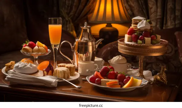 A decadent breakfast spread with pastries, fruit, and champagne