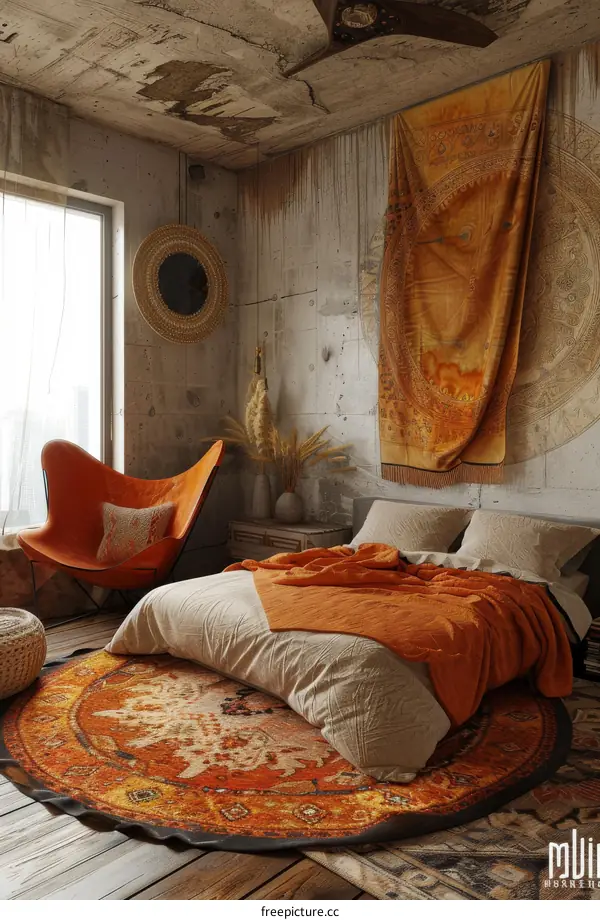 Bohemian Bedroom Interior Design with Orange Accents