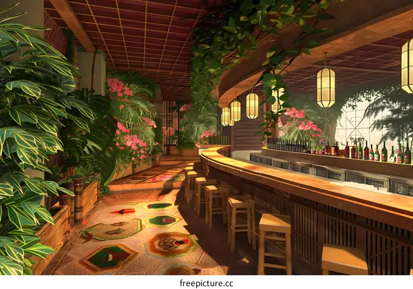Tropical Bar Interior Design with Wooden Bar Counter and Hanging Lights