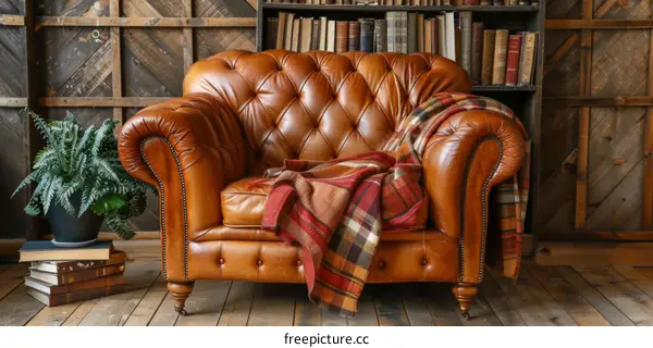 Vintage Leather Armchair with Plaid Throw